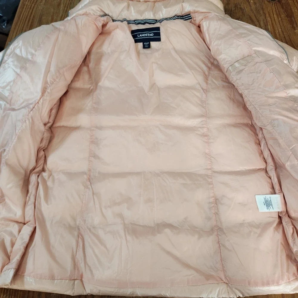 Lands End Full Double Zip Down Puffer Jacket Coat Women's XS Metallic Pink‎ Snow